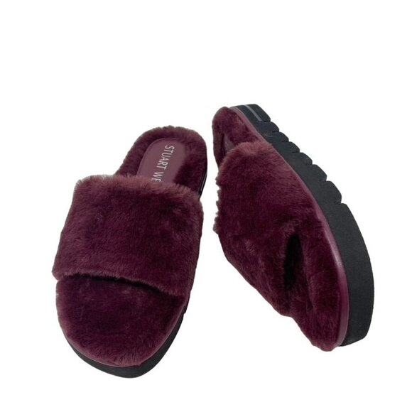 STUART WEITZMAN Sz 7 Elodie Chill Faux Fur Slide Sandal Cranberry - Picture 3 of 11